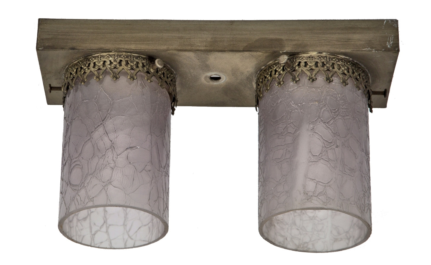 original and intact c. 1920's antique american salvaged chicago flush mount interior church double-light fixture with matching "sun purple" crackle glass shades