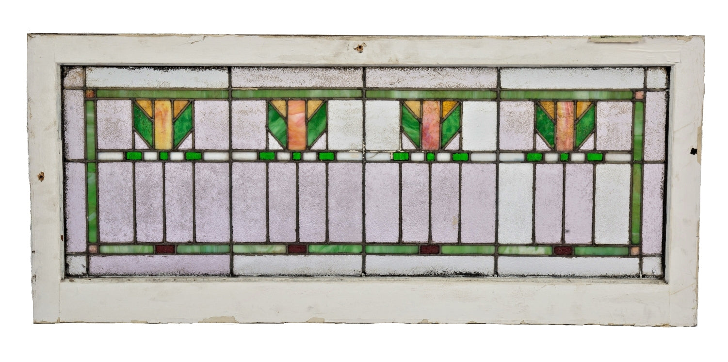 strongly geometric early 20th century antique american chicago prairie style leaded art glass window with a series of abstract floral motifs