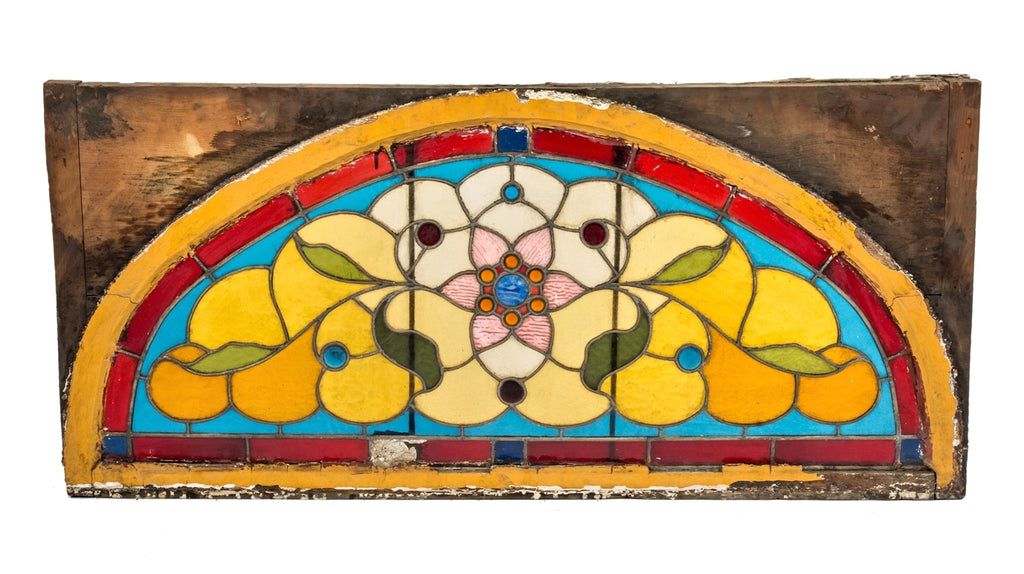 original 1880's salvaged chicago interior residential oversized stained glass window with intact pine wood sash frame and multiple jewels