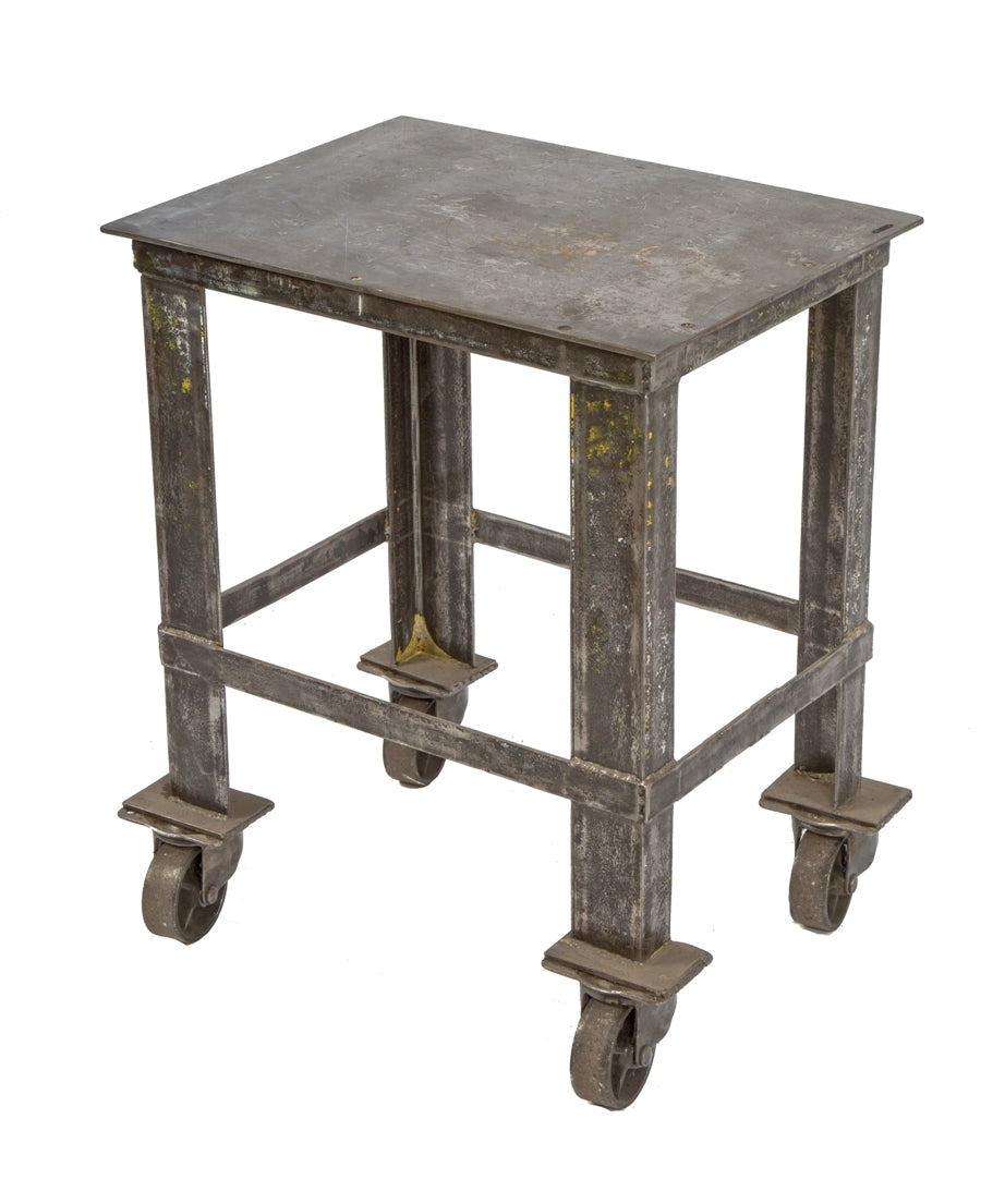 refinished heavily reinforced all-welded joint solid steel mobile salvaged chicago factory cart with flat steel deck and pierced cast iron casters