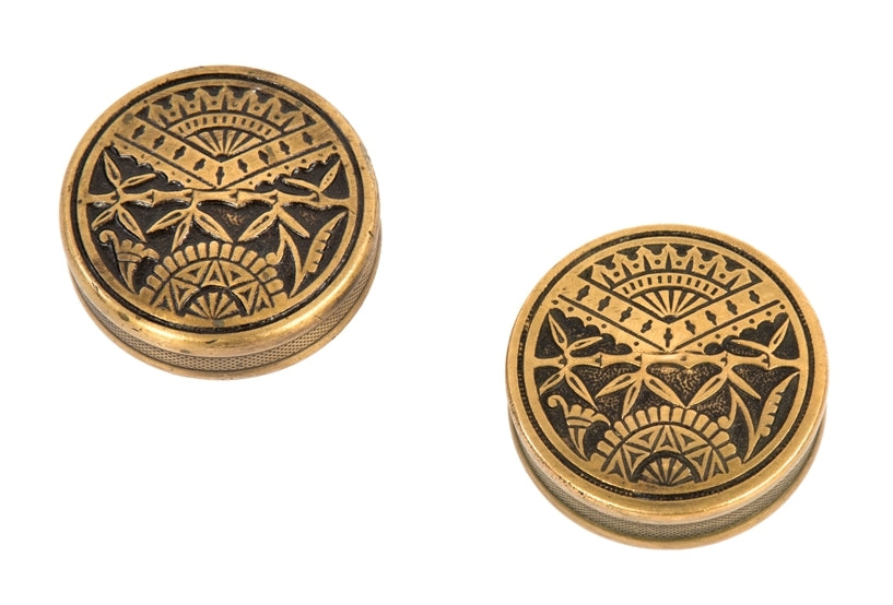 two matching oversized 1880's antique american eastlake style cast brass drum-shaped "bamboo" pattern exterior residential entrance-sized salvaged chicago doorknobs