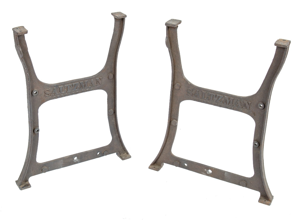 matching set of original and intact early 20th century antique american industrial cast iron "saltzman" toggle press machine legs or bases with mostly uniform finish