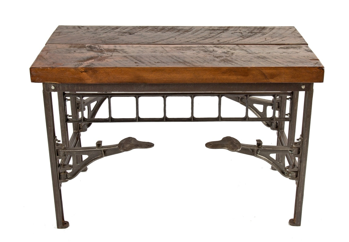 original early 20th century american industrial fully refinished brushed metal four swing-out seat salvaged chicago factory lunchroom "sani" cafeteria or lunchroom table with pine wood top