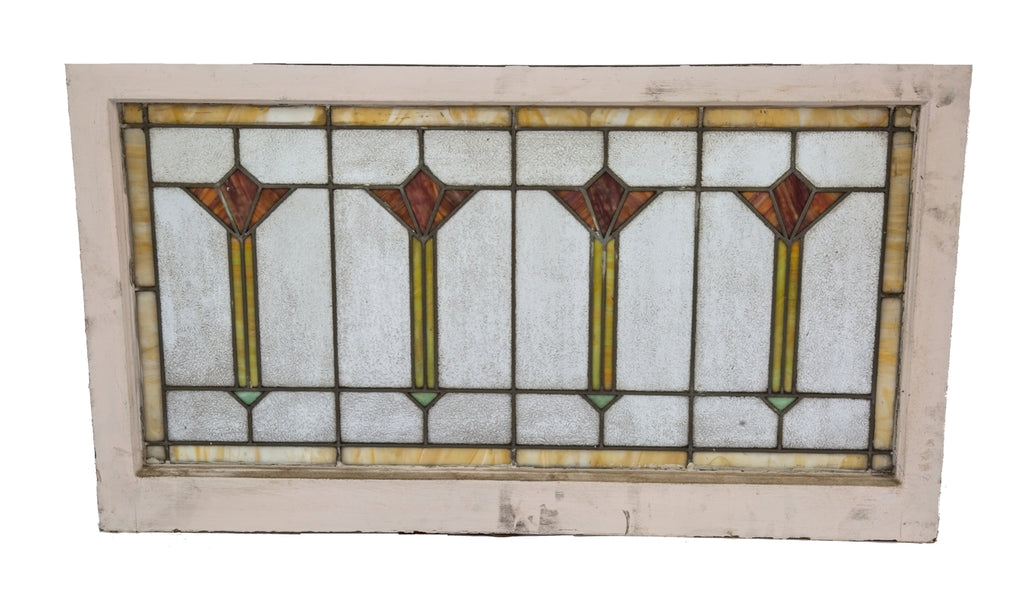 early 20th century interior residential salvaged chicago strongly geometric leaded art glass transom window with repeating abstract floral motifs