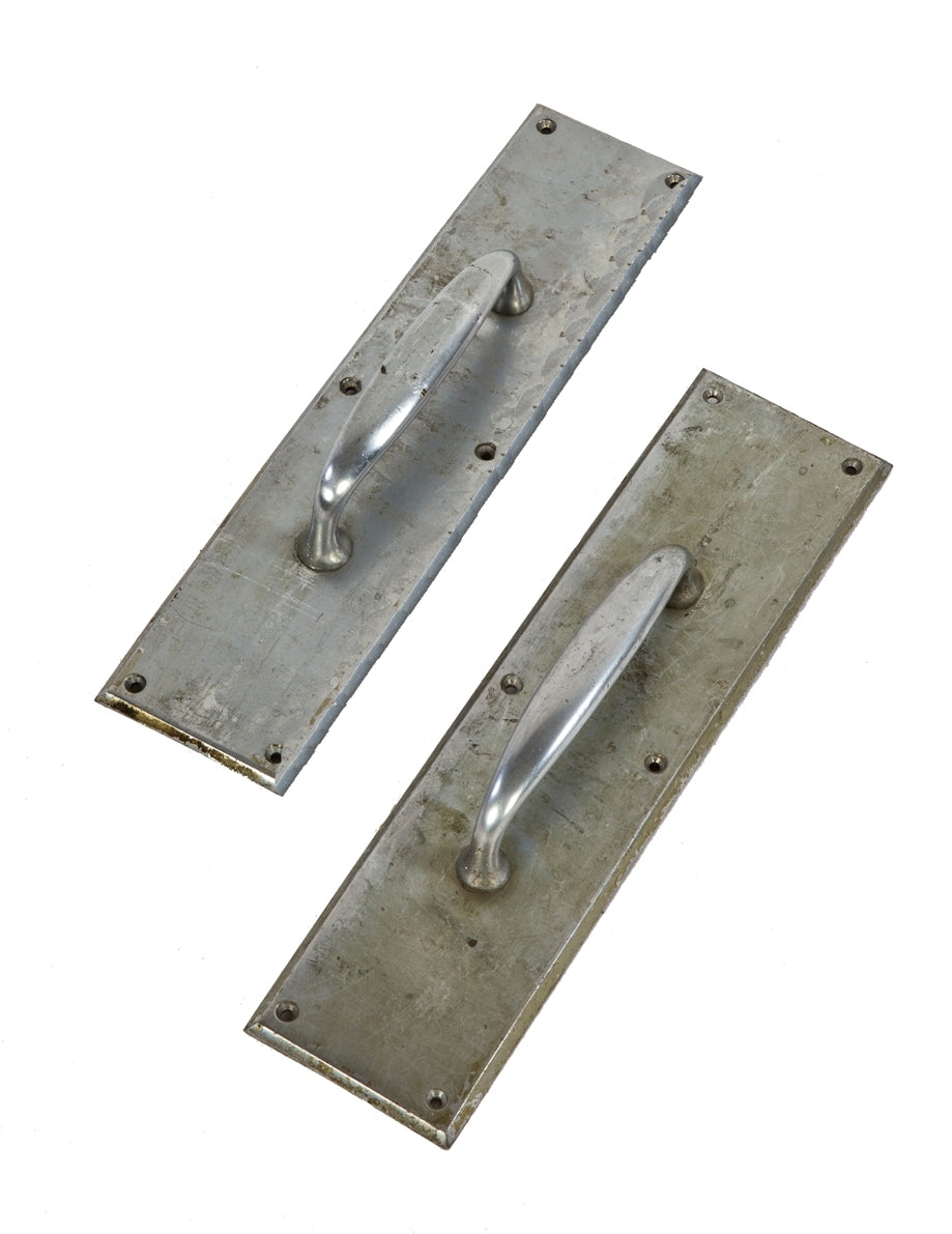 two matching depression era salvaged chicago chrome-plated bronze metal exterior hospital door handles or pulls with nicely aged surface patina