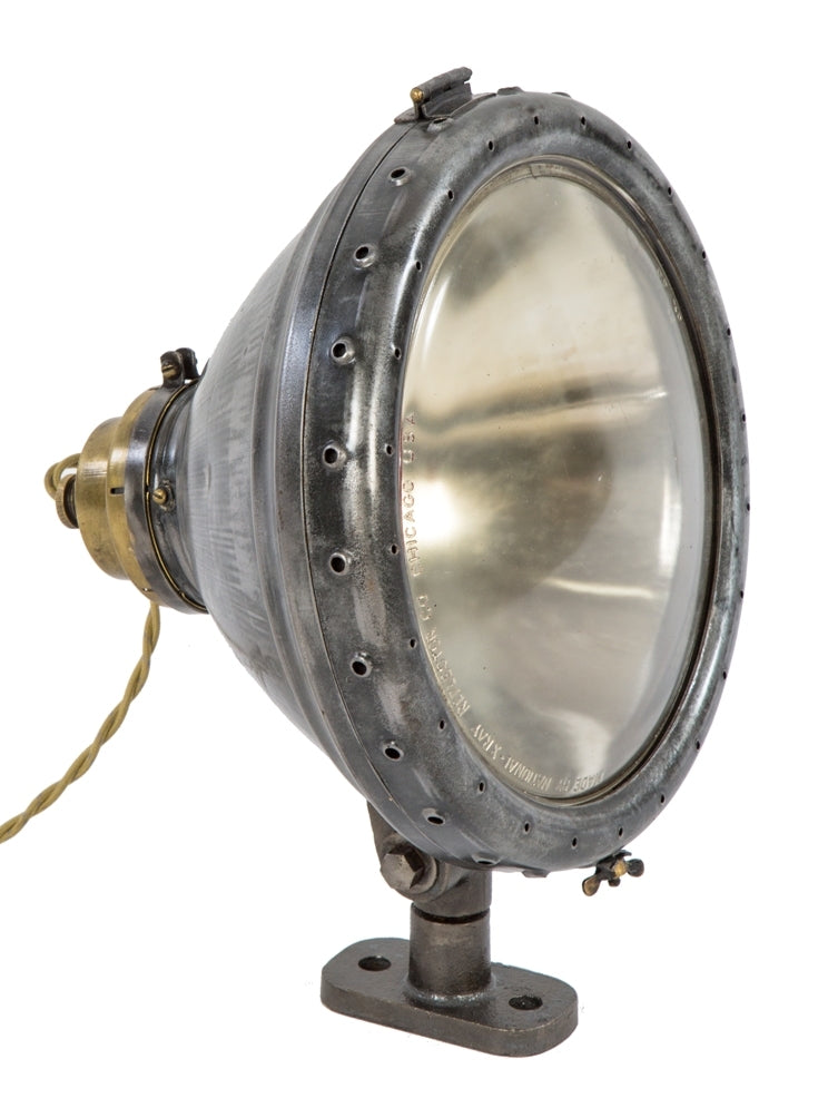 original c. 1920's american industrial brushed metal "x-ray" adjustable spotlight with ground glass lens and "mercury glass" gold enameled internal reflector
