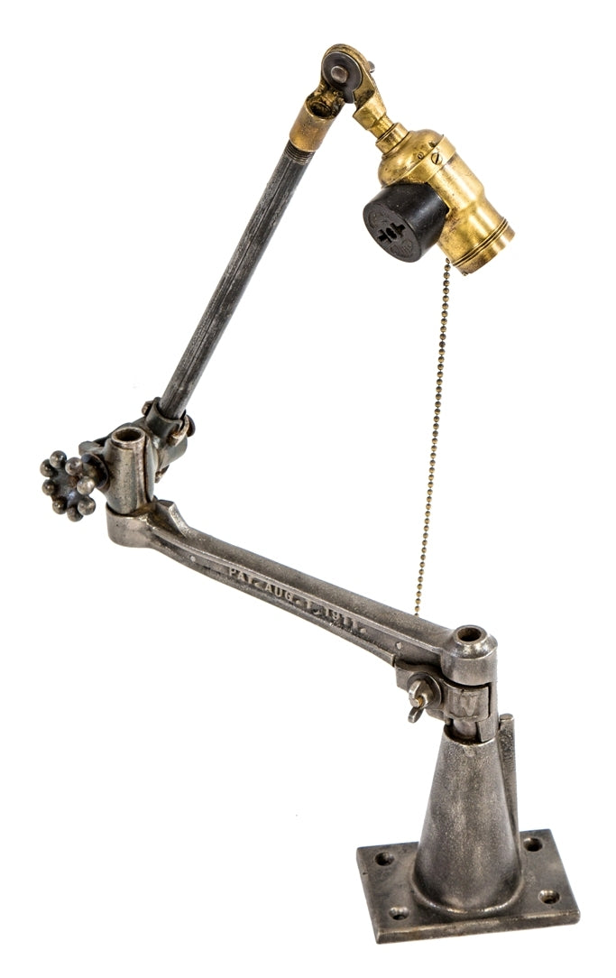 rewired c. 1930's american antique industrial fully adjustable "white" articulating arm table or workbench task lamp with fully functional knuckle joint