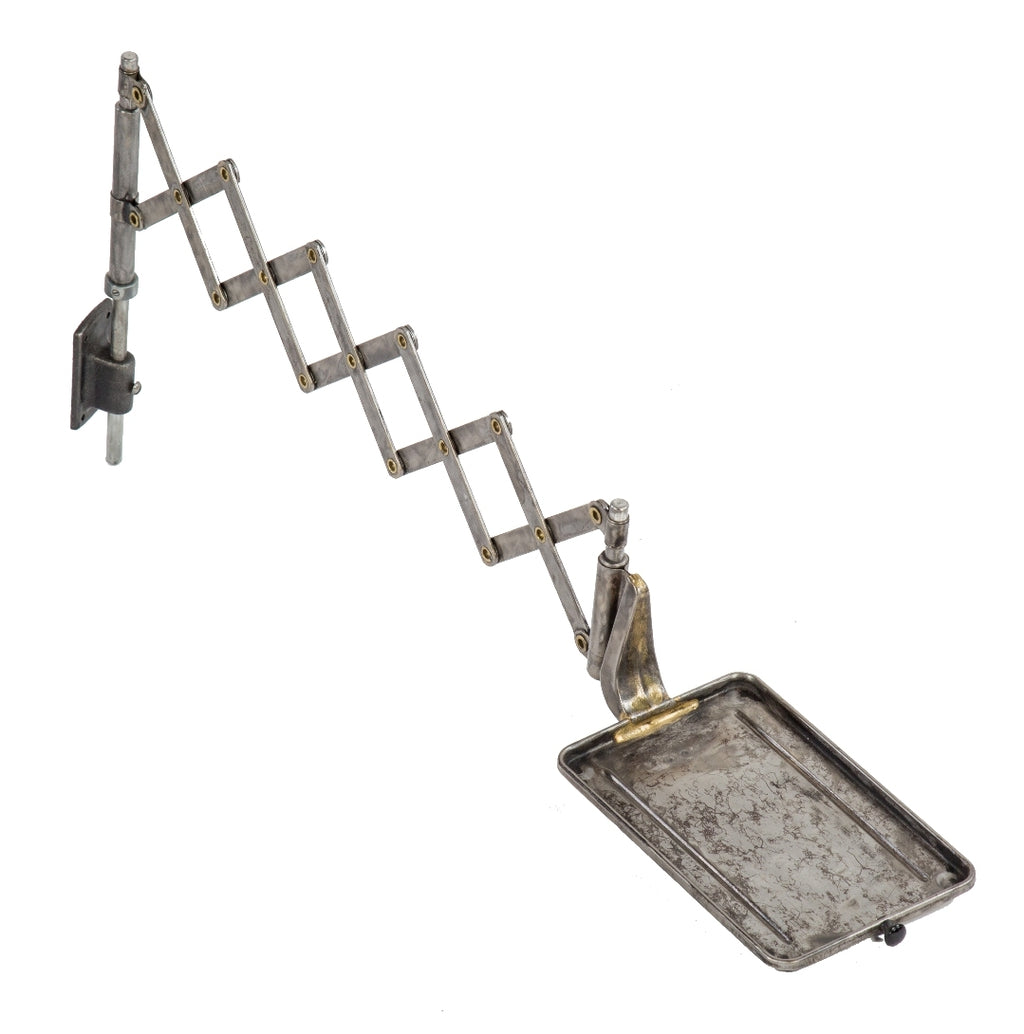 late 1930's american antique industrial wall-mount refinished brushed metal scissor or accordion style phone bracket with pressed and folded steel shelf and original mounting hardware