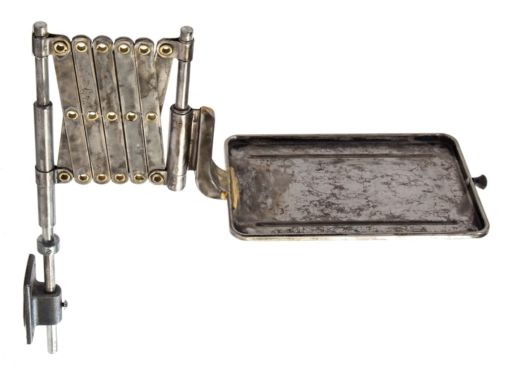 late 1930's american antique industrial wall-mount refinished brushed metal scissor or accordion style phone bracket with pressed and folded steel shelf and original mounting hardware