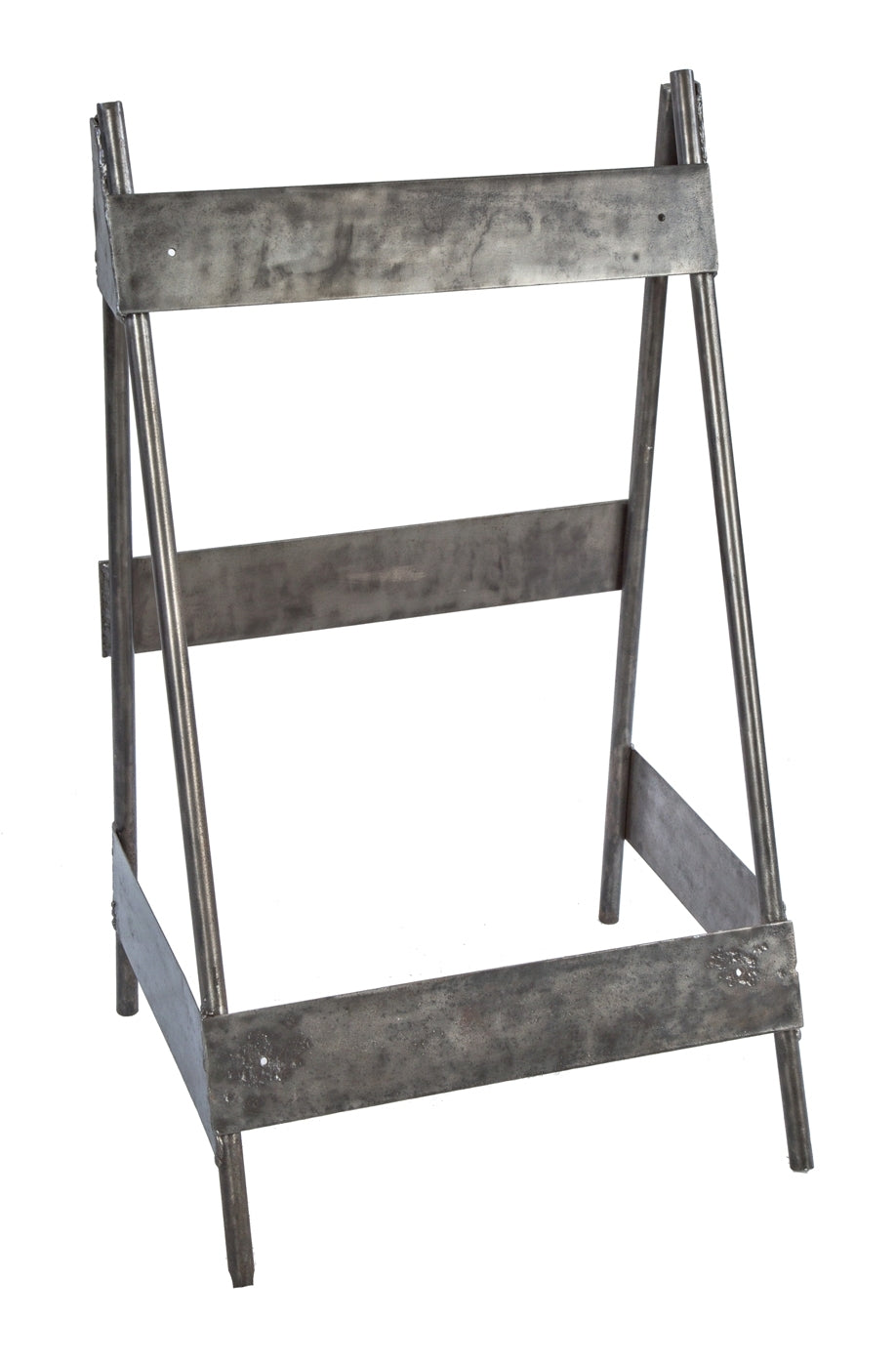 c. 1930's depression era robust freestanding brushed metal factory machine shop angled stand or "signicade" with welded joint tubular legs and cold-rolled steel plates