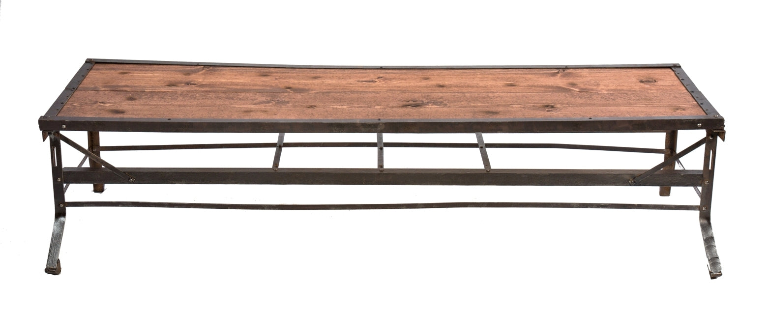 repurposed vintage american industrial low-lying cold-rolled steel riveted joint four-legged machine base coffee table with newly added varnished wood tabletop