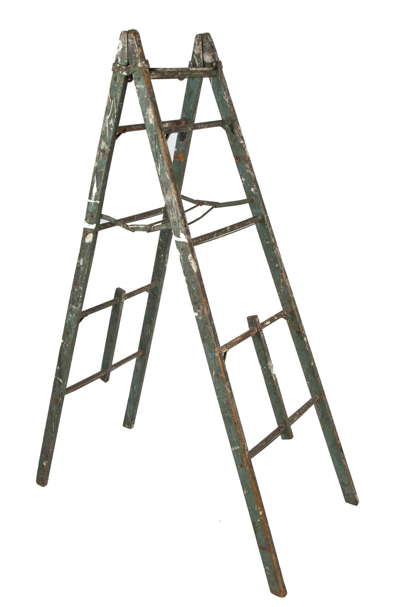 massive early 20th century nicely distressed salvaged chicago collapsible painted pine wood ladder with evenly spaced wood rungs