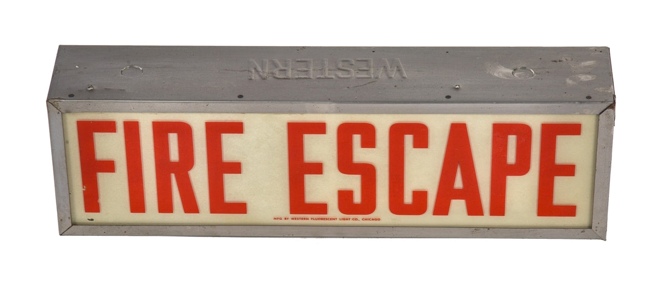 one of four matching c. 1940's vintage american industrial salvaged chicago factory illuminated "fire escape" wall or ceiling-mount sign with original enameled glass and steel housing