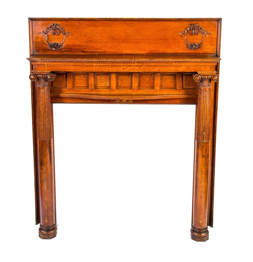 marvelous all original late 19th century varnished quartered oak wood oversized american victorian era residential fireplace mantel with spacious firebox opening