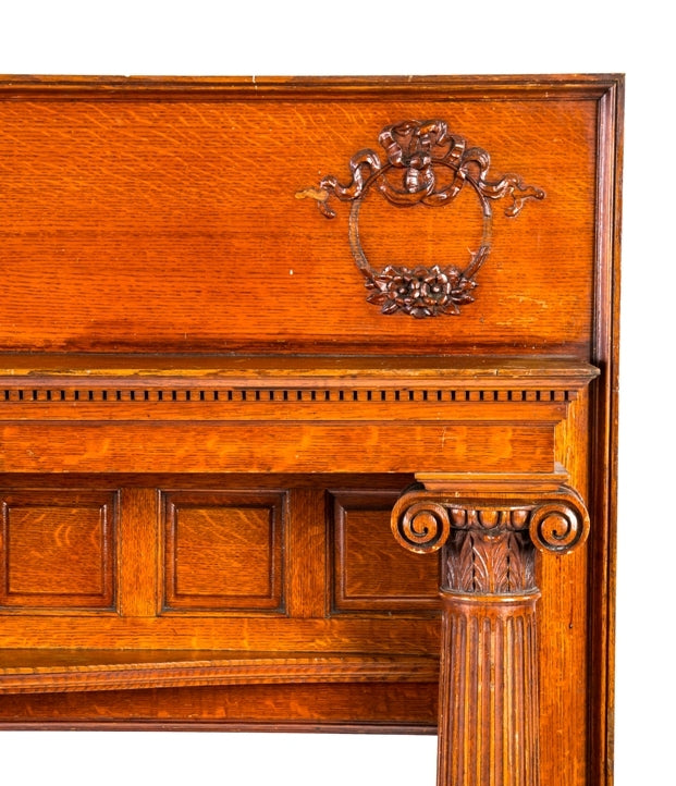 marvelous all original late 19th century varnished quartered oak wood oversized american victorian era residential fireplace mantel with spacious firebox opening