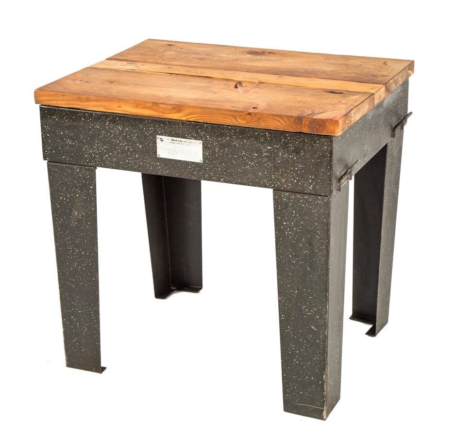 vintage american industrial repurposed four-legged stationary pressed and folded steel oversized table with newly added stained wood top
