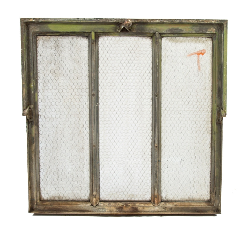 original early 20th century antique american industrial heavily reinforced steel factory three-panel window with intact chicken wire glass
