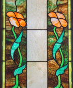 marvelous early 20th century finely executed american art nouveau leaded art glass interior residential window featuring two richly colored flowers withe leafage