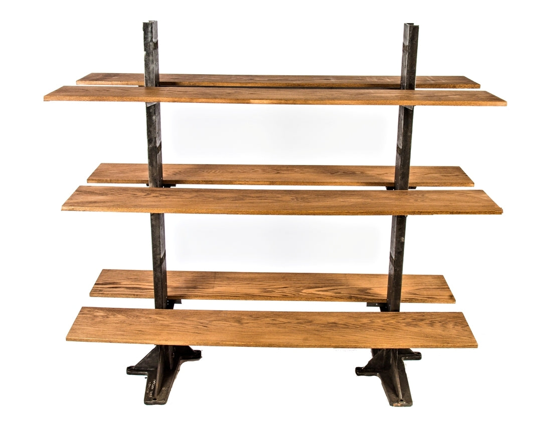 oversized salvaged chicago double-sided brushed metal pollard brothers factory machine shop pipe rack shelving unit with solid oak wood six foot shelves