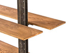 oversized salvaged chicago double-sided brushed metal pollard brothers factory machine shop pipe rack shelving unit with solid oak wood six foot shelves