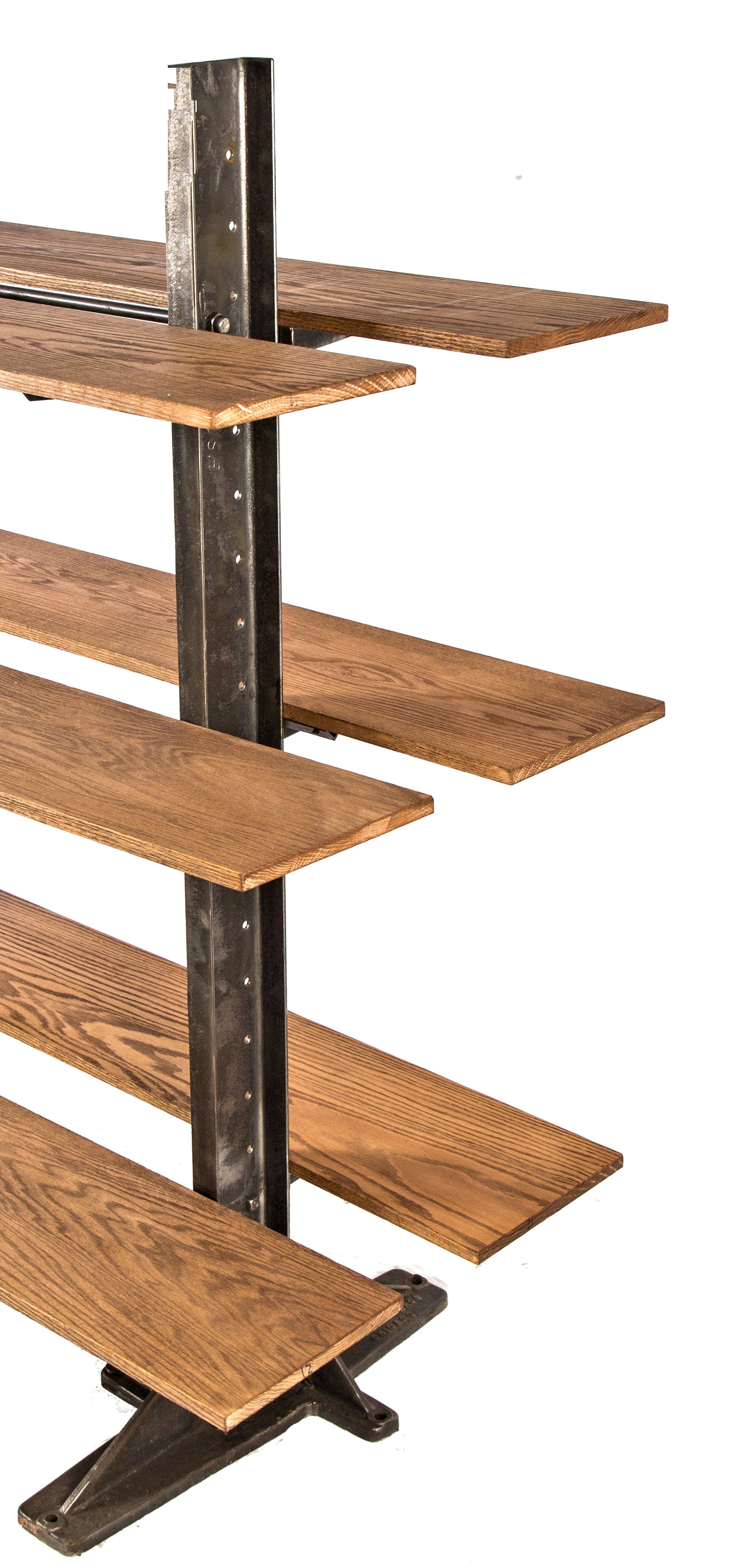 oversized salvaged chicago double-sided brushed metal pollard brothers factory machine shop pipe rack shelving unit with solid oak wood six foot shelves