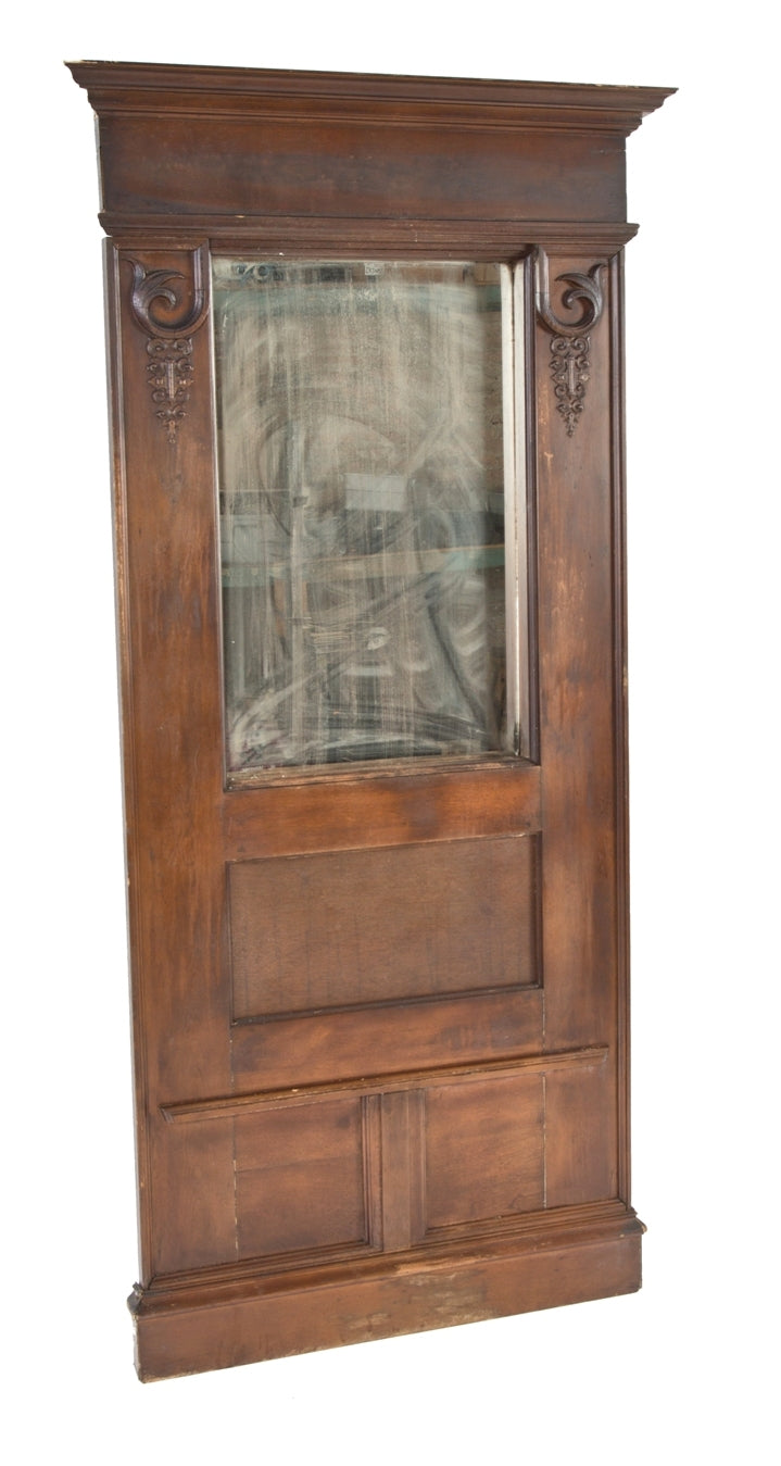single original and intact late 19th century antique american salvaged chicago wall-mount varnished solid birch wood pier mirror with opposed foliated scrolls and elaborate header
