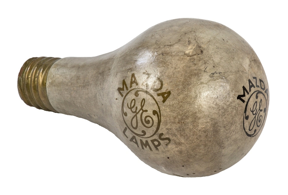late 1920's original and largely intact oversized mazda brand shopfront hand-painted paper mache incandescent light bulb display