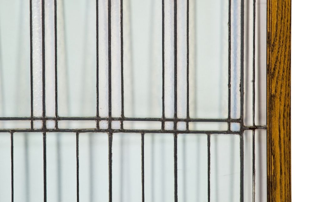 early 20th century historically-important frank lloyd-wright designed oversized william e. fricke house leaded art glass window with custom-built oak wood frame