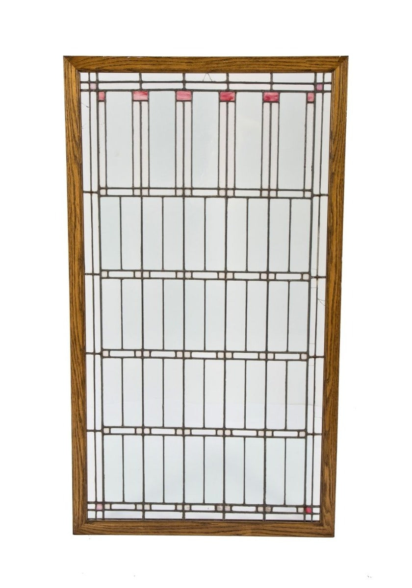 early 20th century historically-important frank lloyd-wright designed oversized william e. fricke house leaded art glass window with custom-built oak wood frame