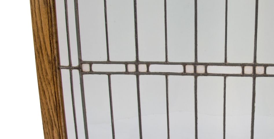 early 20th century historically-important frank lloyd-wright designed oversized william e. fricke house leaded art glass window with custom-built oak wood frame