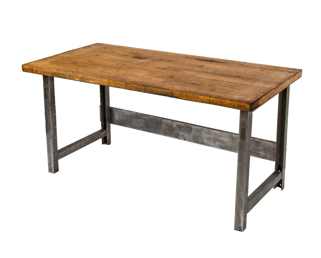 completely refinished c. 1950's american industrial reinforced angled steel four-legged stationary factory machine shop desk or table with rock hard maple wood tabletop