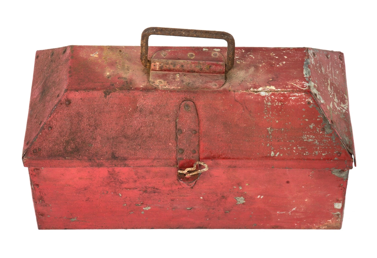 unique early 20th century pressed and folded riveted joint steel salvaged chicago factory machinist's tool box with nicely aged old paint finish