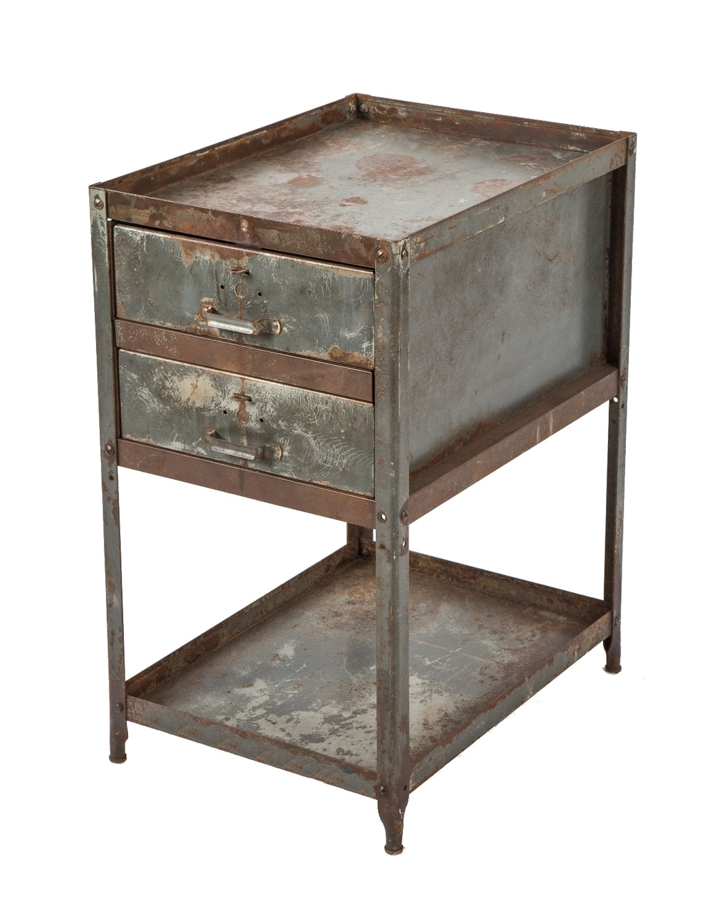 original c. 1950's salvaged chicago pressed and folded steel factory machine shop industrial two-drawer tool cabinet or work stand with nicely aged surface patina