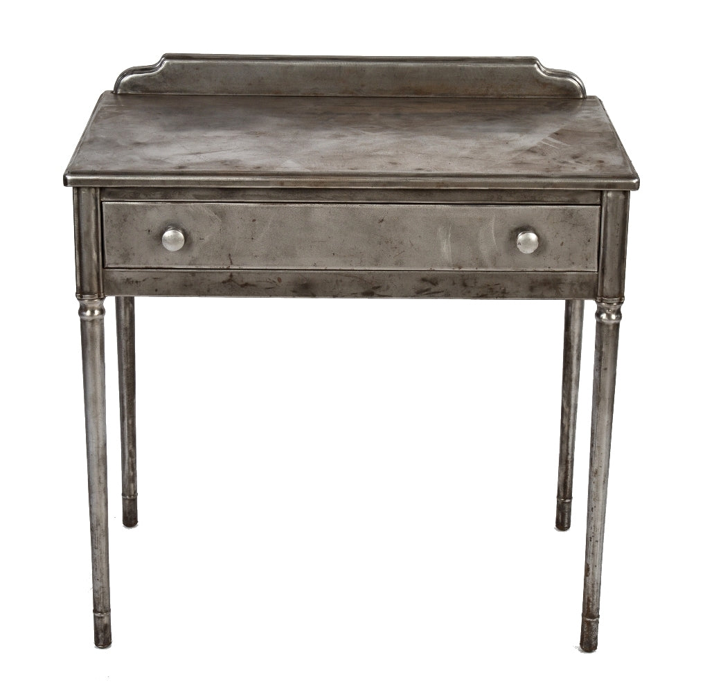 refinished american depression-era late 1930's pressed and folded "uhl art steel" four-legged stationary desk or side table with single pull-out drawer