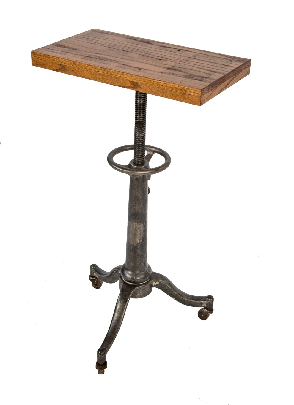 unusual early 1920's heavy duty fully adjustable refinished cast iron and steel optician's work stand with three-legged mobile base and varnished oak wood tabletop