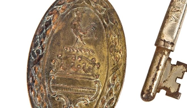 early 20th century original salvaged chicago blackstone hotel ornamental cast bronze guest room key fob with nickel-plated skeleton key