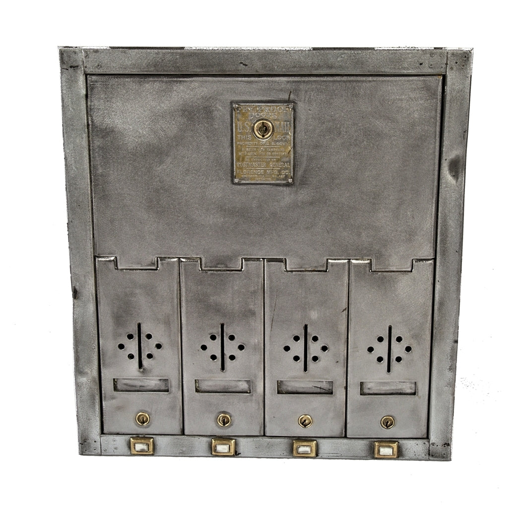 refinished c. 1930's american industrial pressed and folded steel "pry-proof" four-door interior commercial building mailbox unit with placard holders and push buttons