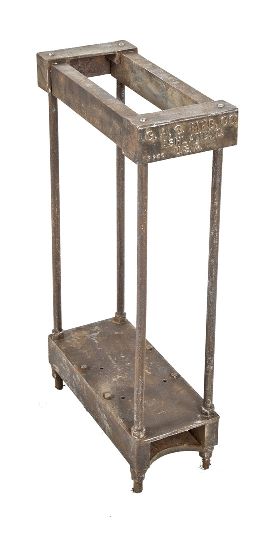 original early 20th century antique american industrial reinforced cast iron stand or table base with a mostly uniform brushed metal finish throughout