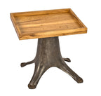 early 20th century american industrial heavy cast iron low-lying cream separator base repurposed as occasional or side table with newly added cherry wood top