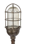 refinished vintage american freestanding three-legged theater stage rewired "ghost light" with a brushed metal finish sealed with a clear coat lacquer