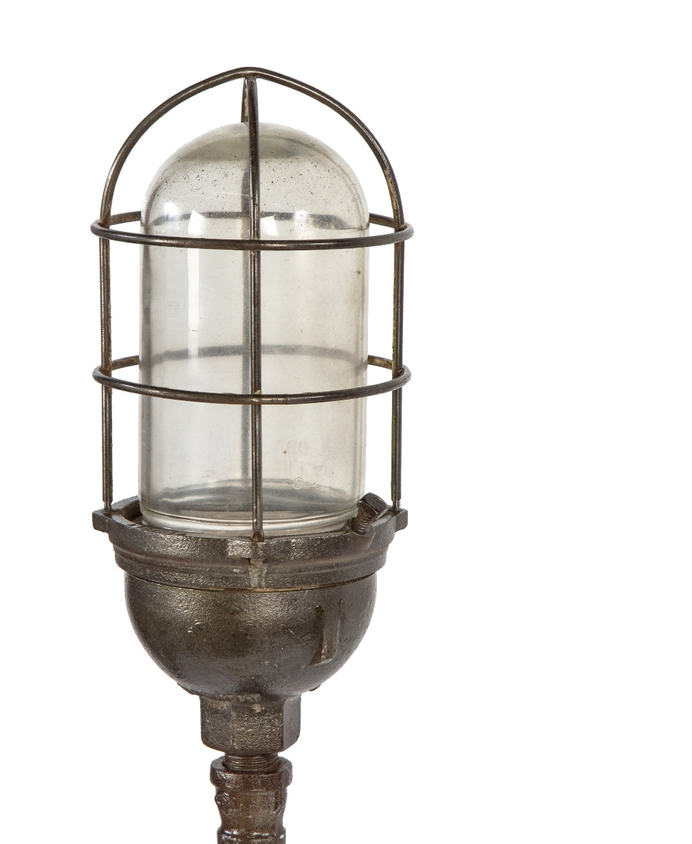 refinished vintage american freestanding three-legged theater stage rewired "ghost light" with a brushed metal finish sealed with a clear coat lacquer