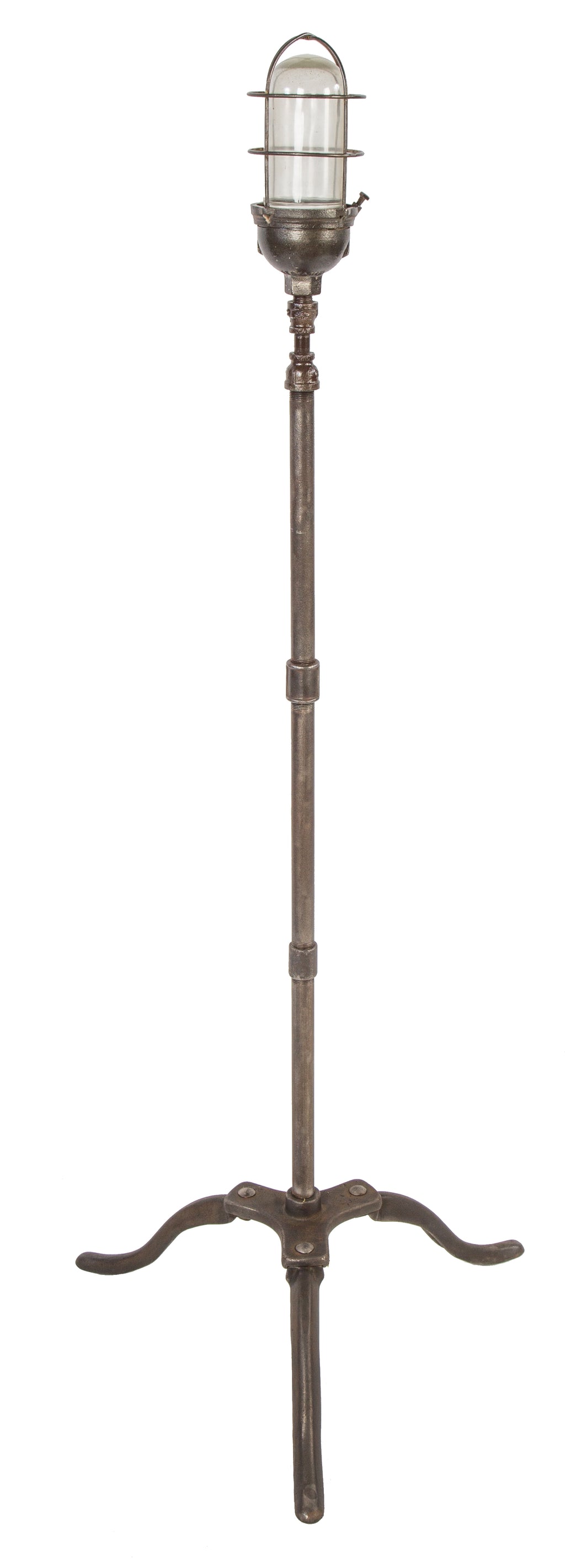 refinished vintage american freestanding three-legged theater stage rewired "ghost light" with a brushed metal finish sealed with a clear coat lacquer