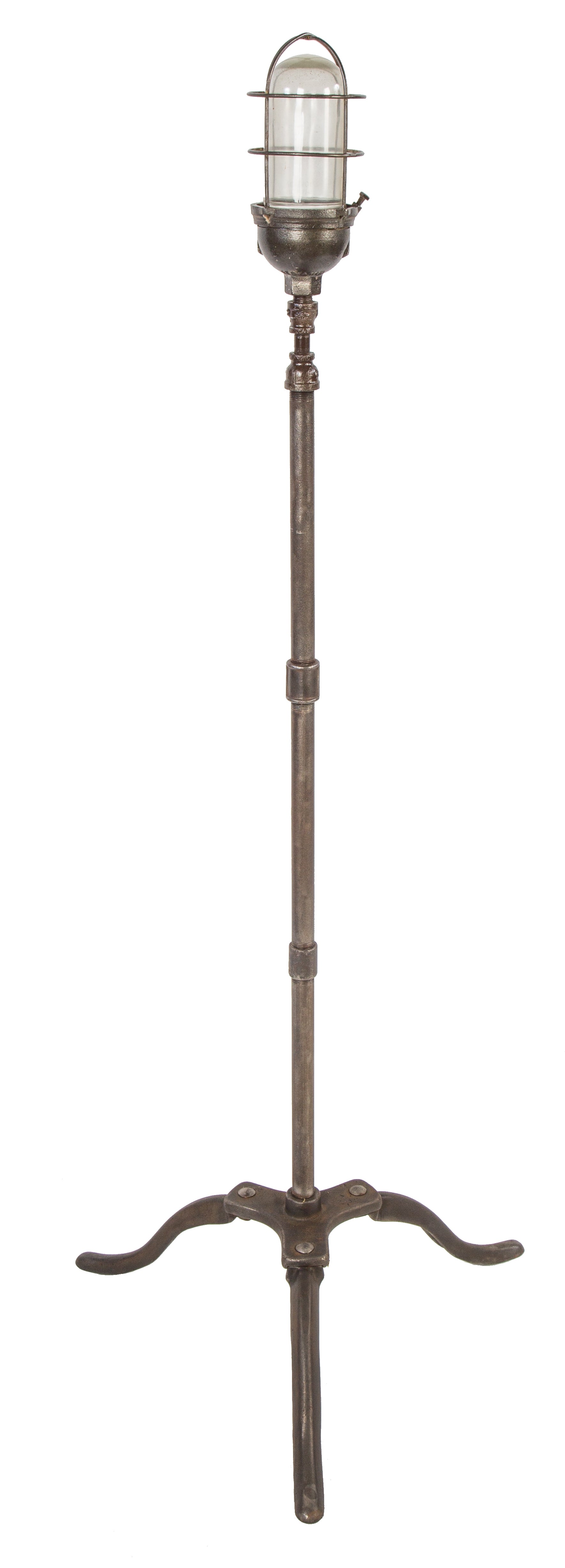 refinished vintage american freestanding three-legged theater stage rewired "ghost light" with a brushed metal finish sealed with a clear coat lacquer