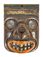 rare c. 1928 historically impotant polychrome enameled fisher theater cast iron seat end mayan revival "indian mask" with jeweled eyes and nose