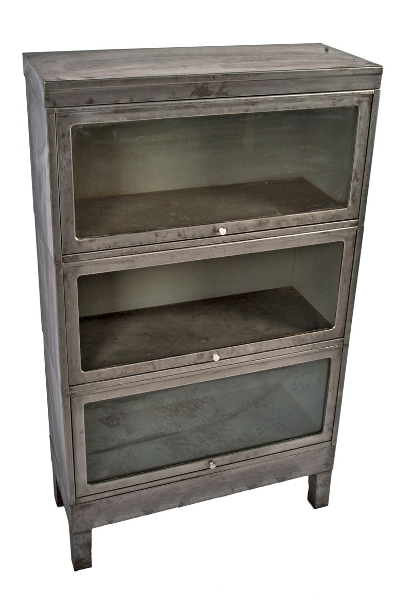 vintage american industrial brushed metal "property of nasa" government three unit sectional or stackable freestanding barrister bookcase with folding glass doors