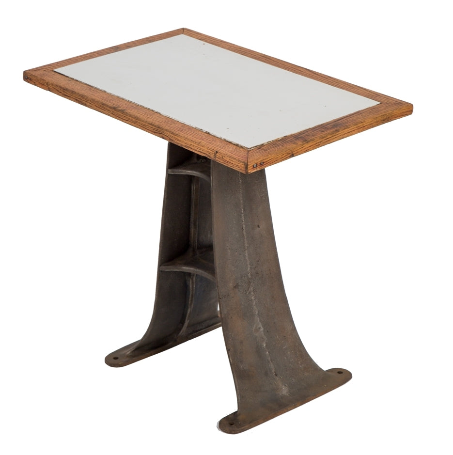 early 20th century american industrial heavy cast iron low-lying cream separator base side or occasional table with newly added old milk glass top with oak wood edges