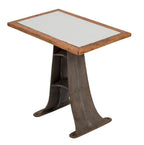 early 20th century american industrial heavy cast iron low-lying cream separator base side or occasional table with newly added old milk glass top with oak wood edges