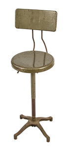 fully functional early american vintage industrial "adjustrite" army green enameled telescoping factory workbench stool with slightly contoured backrest