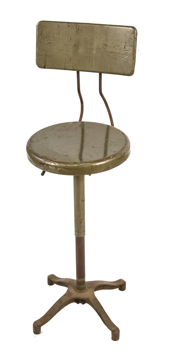 fully functional early american vintage industrial "adjustrite" army green enameled telescoping factory workbench stool with slightly contoured backrest