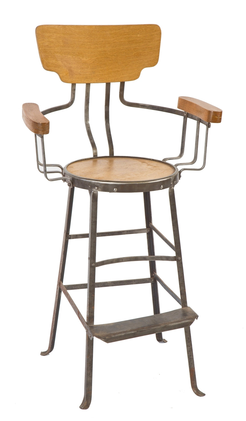completely restored and intact early 20th century american vintage industrial chicago pool hall stationary seat spectator chair with folded and pressed steel footrest